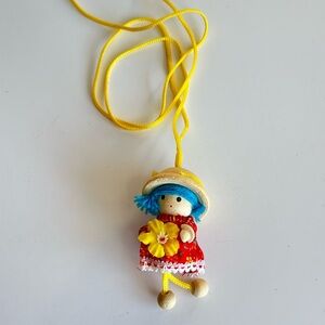 Vintage Wooden Girl Handmade Doll Necklace Red & Yellow Flower